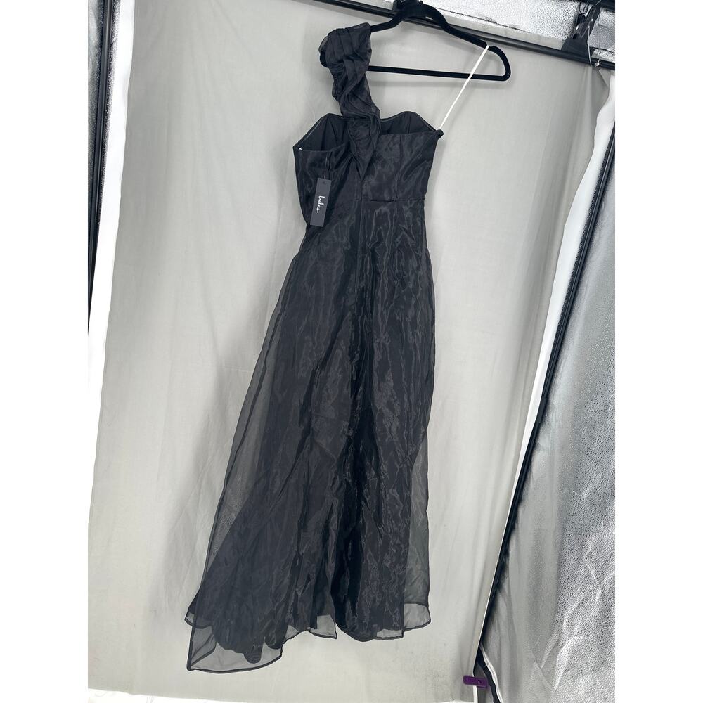 Lulus Dress Small Black Maxi Organza Off Shoulder Ruffle Event Party Sleek Slit - Picture 4 of 9